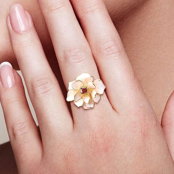 Neiman Marcus 925 Sterling Silver Lotus-White Enamel Flower Statement Ring - Picture 2 of 5